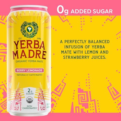 Yerba Madre Organic Yerba Mate, Low Sugar Berry Lemonade, 150mg Natural Caffeine, Energy Drink Alternative, No Jitters or Crash, 15.5 Oz (Pack of 12)