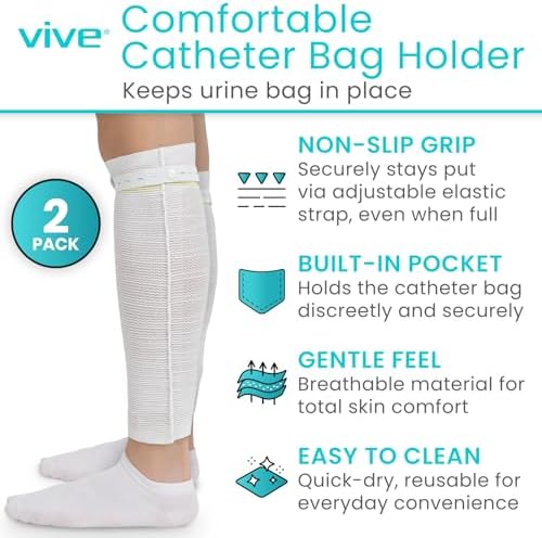 Vive Catheter Leg Bag Holder for Men & Women (2 Pack) - Nephrostomy & Foley Catheter Bag Holder & Cover - Urine Drainage & Storage Bag Holder Stays in Place - Catheter Stabilization (Medium)