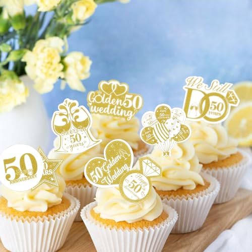 40PCS Edible 50th Anniversary Cupcake Toppers Golden Happy Wedding Glutinous Rice Paper We Still Do 50 Years Picks Birthday Party Cake Decorations Supplies gold