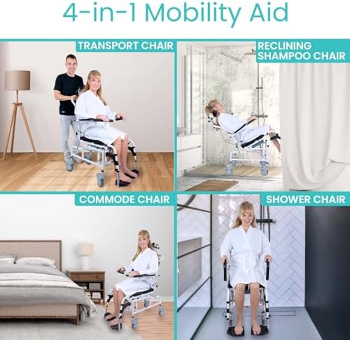 Vive Reclining Shower Chair with Wheels - Commode Wheelchair for Seniors, Disabled & Handicap - Padded Transfer Rolling Chairs w/Arms - Portable, Waterproof Shower Chair - Reclines for Easy Hair Wash