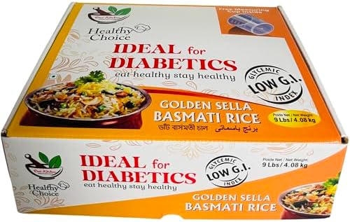 Desi Kitchen Golden Sella Basmati Rice 9Lbs/4.08Kg ~ Easy to Cook ~ Low Glycemic Index ~ Free Measuring Cup Inside ~ Eat Healthy Stay Healthy.