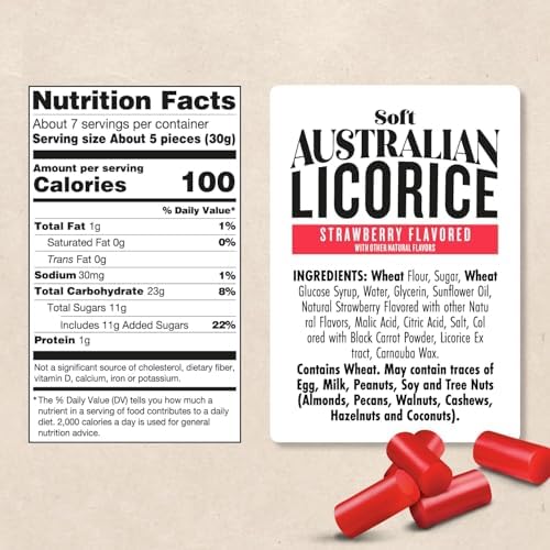 Darrell Lea Soft Australian Licorice, Non-GMO, No Palm Oil, Plant Based, No High Fructose Corn Syrup, Soft & Chewy Licorice Candy, Made in Australia (Strawberry, 7 Ounce (Pack of 1))