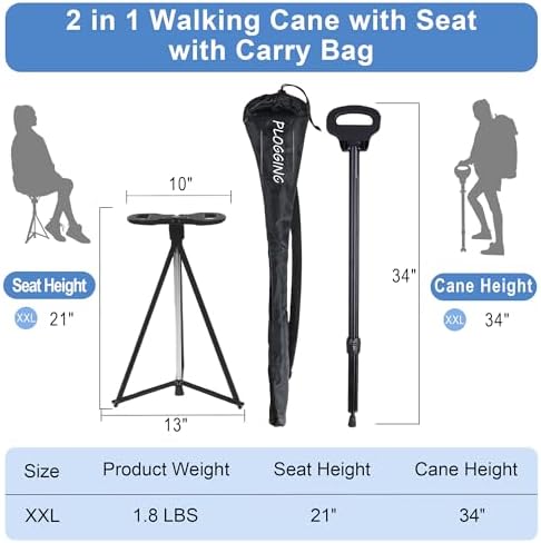 Walking Cane with Seat for Men & Women, Lightweight Anti-Slip Walking Stick with Carry Bag, Portable Stool for Senior & Adults, Foldable Cane Chair for Travel Hiking