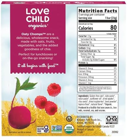 Love Child Organics Oaty Chomps Raspberry + Beet Snack Bars, 4 oz (Pack of 1), Gluten Free, Non-GMO, by Nature's Path
