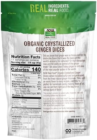 NOW Foods, Organic Crystallized Ginger Dices, Low-Sodium, Preservative-Free and Non-GMO, 16-Ounce (Packaging May Vary)