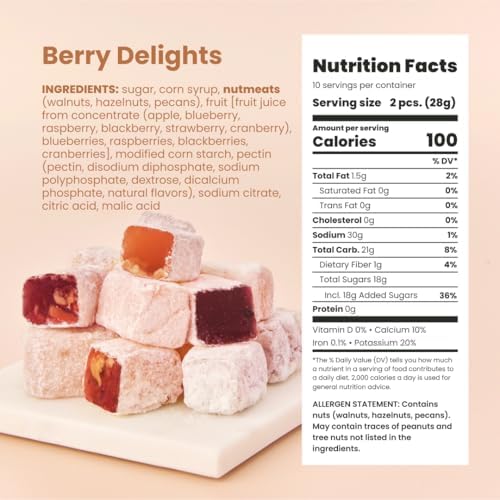 Liberty Orchards, Berry Delights - Assorted Vegan Berry Snack, Gluten Free, Lokum Nuts Strawberry, Blueberry Walnut Turkish Delight Candy Gift Box 10 Oz