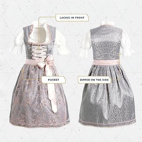 BAVARIA TRACHTEN Women's Authentic German Oktoberfest Dirndl Dress - Silver Rose, Large
