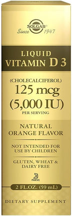 Solgar Liquid Vitamin D3 125 mcg (5,000 IU), 2 fl oz - Delicious, Natural Orange Flavor - Helps Maintain Healthy Bones & Teeth - Immune System Support - Gluten Free, Dairy Free, Kosher - 59 Servings
