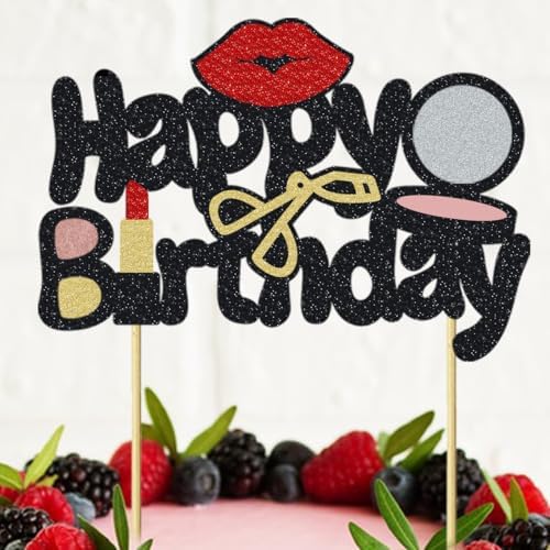 Happy Birthday Cake Topper, Makeup Birthday Party Cake Decorations with Powder, Eyelash Curler, Lipstick Glitter Cake Decor for Girls or Women Lipstick Birthday Decor