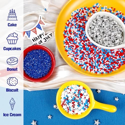 Edible Pearl Sugar Pearl for Cupcakes Cake Decorating, 160g/5.64oz, Red White and Blue Sprinkles, Silver Star Mix, Cake Decorations, Baking Party Holiday Supplies