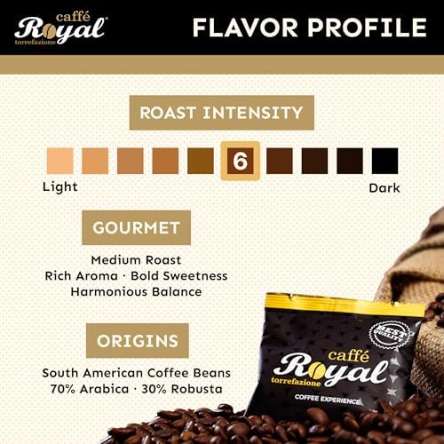 Royal Caffé ESE Pods Italian Espresso, Gourmet Blend Medium Roast, 70% Arabica Beans, Single Serving Paper Coffee Pods, 44mm Filter Paper, 150 Count (1 Pack, 8 Grams Each), For E.S.E Coffee Machines, Made in Italy