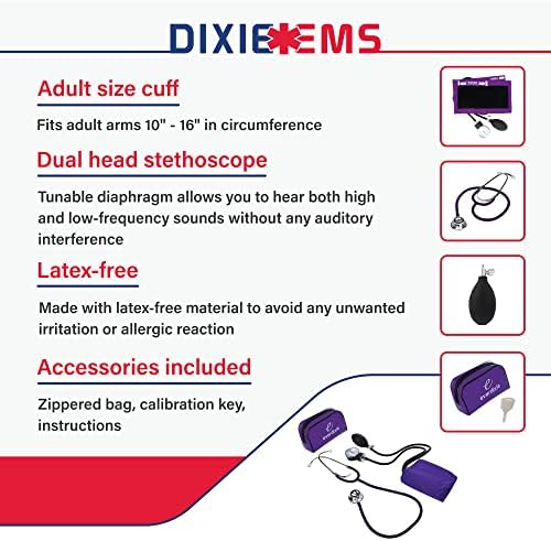 Dixie EMS Aneroid Sphygmomanometer and Dual Head Stethoscope Set with Adult Size Blood Pressure Cuff, Calibration Key and Carrying Case – Purple