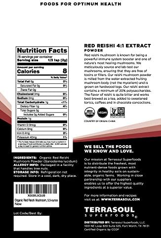 Terrasoul Superfoods Organic Reishi Mushroom Powder (4:1 Extract), 5.5 Oz, Immune Support, Stress Relief, Better Sleep, Embrace the Power of Adaptogenic Mushrooms
