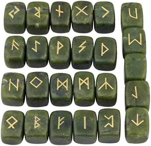 rockcloud Green Jade Rune Stones Tumbled Engraved Lettering Crystal Set for Wicca Crystals Healing Chakra Reiki