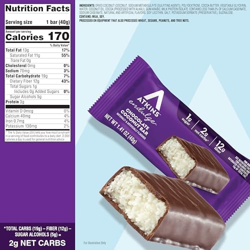 Atkins Endulge Chocolate Coconut Flavored Snack Bar, 1g Sugar, 12g Fiber, Low Sugar Snack, High Fiber Bars, Keto Friendly Treat, 16 Count
