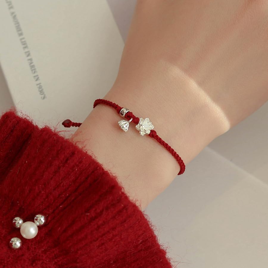 Sdouefos Lotus Flower Bracelet 925 Sterling Silver for Women, Handmade Braided Rope Red String Adjustable Lady Jewelry Red Protection Bracelet for Women Buddhist Spiritual Lucky Amulet Gift
