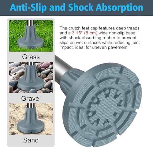 supregear Crutch Tips 7/8 in (22 mm), Anti-Slip Rubber Tips All Terrain, Heavy Duty Extreme Grip Replacement Feet Caps for Walking Stick, Wide Crutch Accessories Base with Metal Insert, 2-Pack, Grey