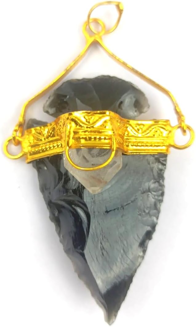 Jet Black Obsidian Arrowhead Pendant Gold Plated with Natural Crystal Quartz Point Gemstone Healing Reiki Jet International Crystal 40 Page Booket Therapy