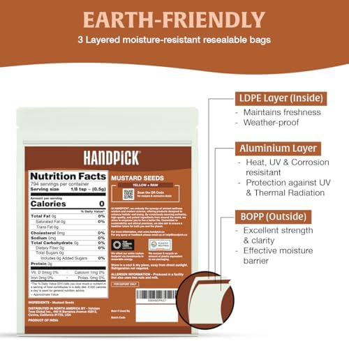HANDPICK Yellow Mustard Seed (397g/14oz) Non GMO, Gluten Free, 100% Raw, Sourced from India, For Cooking, Pickles, Packed in Resealable Ziplock Pouch