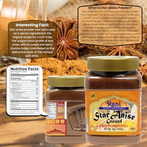 Rani Star Anise Powder (Badian Khatai) Ground Spice 14oz (400g) PET Jar ~ All Natural | Gluten Friendly | NON-GMO | Kosher | Vegan | Indian Origin