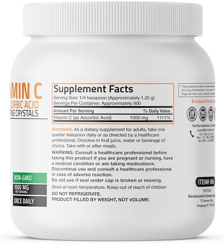 Bronson Vitamin C Powder Pure Ascorbic Acid Soluble Fine Non GMO Crystals – Promotes Healthy Immune System and Cell Protection – Powerful Antioxidant - 1 Kilogram (2.2 Lbs)