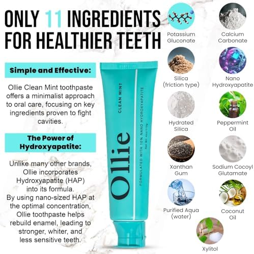Ollie Fluoride Free 10% Nano Hydroxyapatite Toothpaste for Remineralizing Enamel, Sensitive Teeth & Whitening, Clean Mint 4oz (Pack of 1)