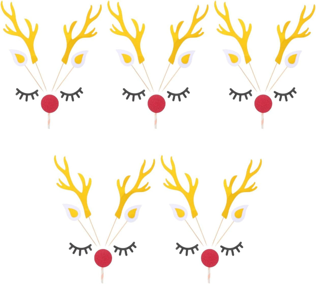 10 Sets Christmas Cake Toppers Reindeer Antlers Cupcake Toppers Set,Glitter Deer Antler Picks with Ears Nose Eyelashes, Paper Reindeer Cake Decor Gifts for Christmas Party Birthday Baby Shower