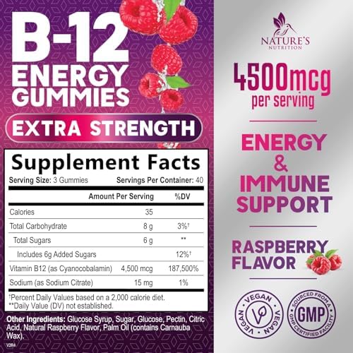 B12 Energy Gummies - 4500 mcg Vitamin B12 Per Serving - Extra Strength Chewable B12 Supplement for Energy, Metabolism & Immune Support - For Women, Men & Kids - Natural & Berry Flavored - 120 Gummies