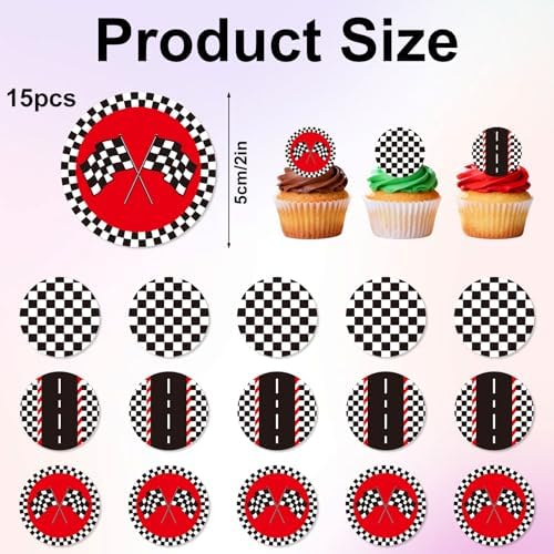 15pcs Edible Race Car Cupcake Toppers, Glutinous Rice Paper Black and White Checkered Cupcake Toppers Pre-Cut Edible Decoration Supplies for Racing Baby Shower Birthday Party