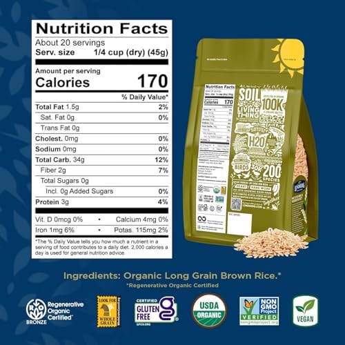 Lundberg Brown Rice, Regenerative Organic Certified, 2-Pack – Non-Sticky, Aromatic Long Grain Rice, Responsibly Grown in California, 32 Oz Ea