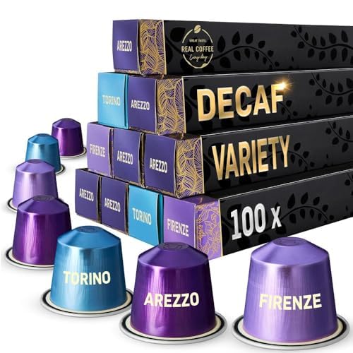 Real Coffee Great Taste. Every Day Discover Decaf Pack | Compatible with Nespresso Original Line | 3 City Blends: Arezzo, Firenze, Torino | 100 Aluminum Capsules | Product of Italy
