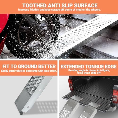 Alloy Steel Motorcycle Ramp, 750 Lbs Capacity, 7.25ft Folding Loading Ramp with Load Straps for Pickup Trucks, Motorcycles, ATVs, UTVs, Lawn Mowers, Dirt Bikes (2)