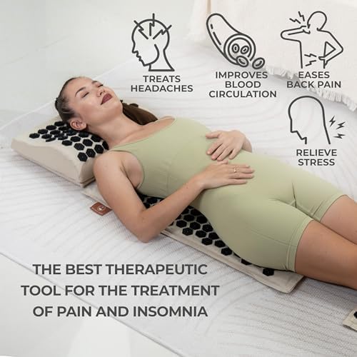 Acupressure Mat Set with 6,210 Pressure Points for Pain Relief and Relaxation Kit for Back, Neck, and Sleep – Yoga and Meditation Pillow (Soft Cream)