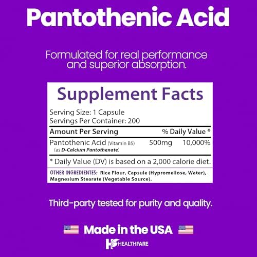 Healthfare Pantothenic Acid 500mg Vitamin B5 Supplement | 200 Vegan Capsules | Extra Strength Energy & Metabolism Support | Non-GMO, Gluten-Free | Made in USA
