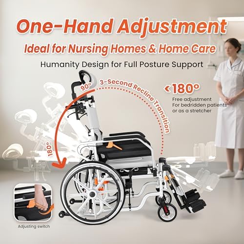 3in1 180° Reclining Transport Wheelchairs with 18.5in Wide seat, Lightweight Travel Transit WheelchairsWheelchair Foldable, Shower Bathroom Wheelchair, Portable Self-Propelled Wheelchairs