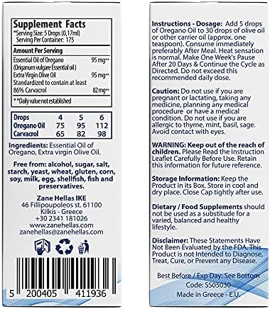 Zane Hellas 50% Oregano Oil. Greek Essential Oil of Oregano .86% Min Carvacrol. 82mg Carvacrol Per Serving. Probably The Best Oregano Oil in The World. 1 fl. oz.- 30ml