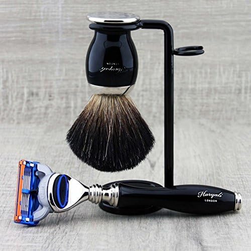 Haryali London 3 Pc Mens Shaving Kit 5 Edge Razor With Black Badger Hair Shaving Brush and Stand Perfect Set For Men