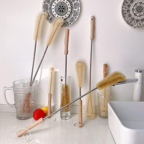 24 inch Extra Long Brush, Elbow Bristle, with Beech Wood Handle, Bendable Washing Brush, with Stainless Steel Pole, for Tall Bottle, Gallon Water Jug, Big Vessels, Floor Vase, Flower Pot