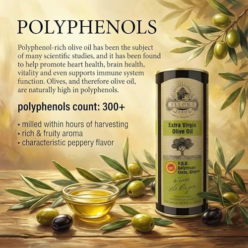 Ellora Farms, Certified Extra Virgin Olive Oil, Single Estate PDO Crete, Traceable Greek EVOO Greece, High in Phenols, Kosher 16.9 Fl Oz Tin