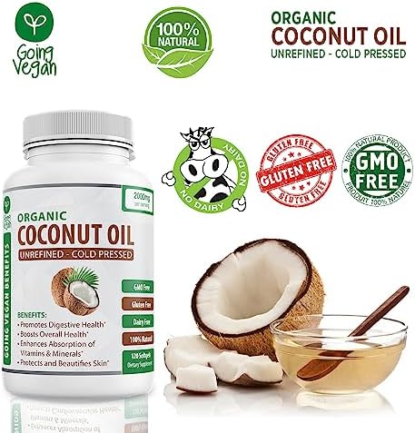 Organic Coconut Oil Capsules 2000mg - 100% Extra Virgin, Cold Pressed for Healthy Skin, Extra Hair Growth, Nail Care, Brain Booster - 120 Softgels - Unrefined Pure & Non GMO Pills - Rich in MCT