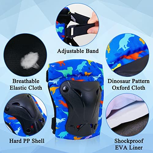 FIODAY Knee Pads for Kids Dinosaur Knee Elbow Pads Wrist Guards with Drawstring Bag Adjustable 7 in 1 Protective Gear Set for Boys Inline Skating Bike Cycling Skateboard Scooter, 3-8 Years, Blue