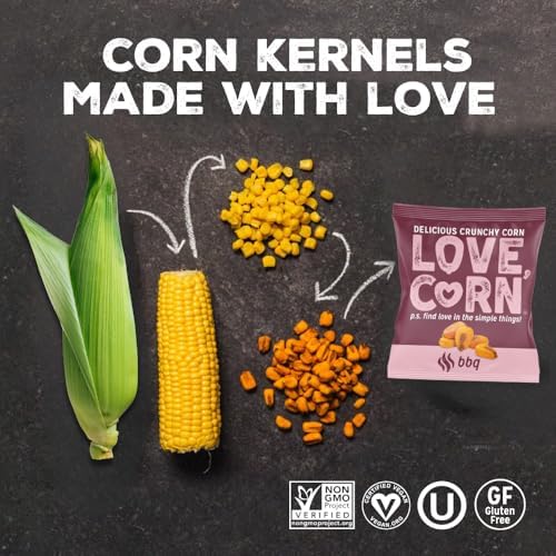 LOVE CORN BBQ | Delicious Crunchy Corn Snacks | .07oz x 20 Gluten Free, Vegan Bags | Convenient for Lunch Boxes, Commuting & Office Snacks
