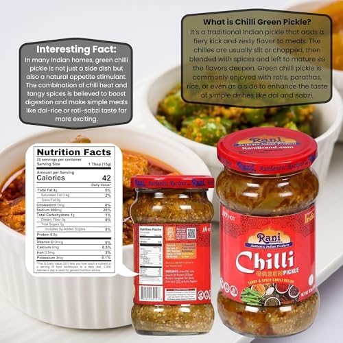 Rani Green Chilli Pickle Hot (Achar, Spicy Indian Relish) 10.5oz (300g) Glass Jar ~ Vegan | Gluten Free | NON-GMO | No Colors | Popular Indian Condiment, Indian Origin