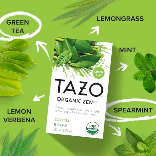 TAZO Organic Zen Green Tea, Caffeinated Tea with Refreshing Lemongrass & Spearmint, 16 Total Bags
