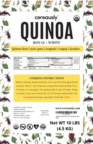CEREAUSLY Organic White Quinoa – Premium Royal Quinoa from Bolivia – Kosher and Non-GMO Quinoa Bulk – Vegan and Gluten-Fee Cooking Quinoa – 10 LB