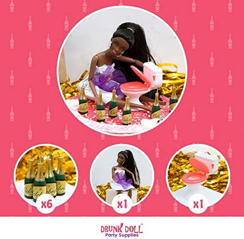 Drunk Doll Cake Topper | Funny Decoration Kit for Celebrating a Bachelorette Party or any Birthday 21 and Up (8 Piece Set)(Not Edible)(African American)