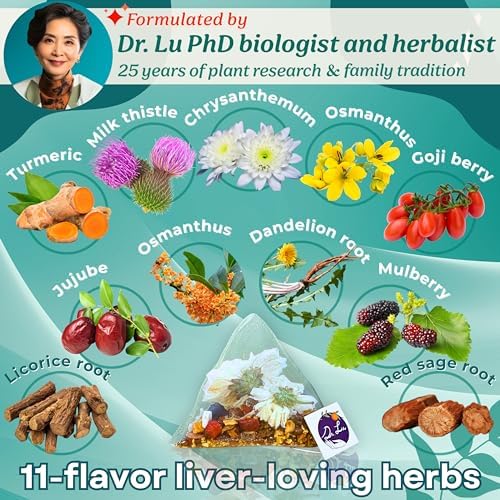 Dr. Lu’s Happy Liver Tea | 100% Natural Liver Cleanse Detox & Repair Tea Made in US | 11-Flavor Milk Thistle, Turmeric, Chrysanthemum, Licorice Root, Dandelion Root tea Blend for Liver Support