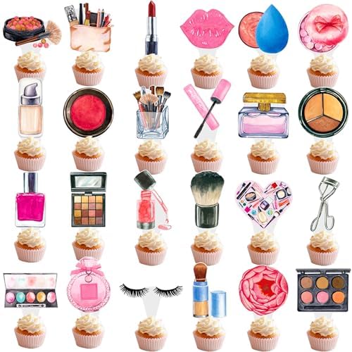48Pcs Makeup Cupcake Toppers Spa Makeup Birthday Party Decorations Cosmetics Lipstick Eyelashes Perfume Theme Cupcake Picks Decorations for Girls Women Birthday Party Party Bridal Shower Supplies