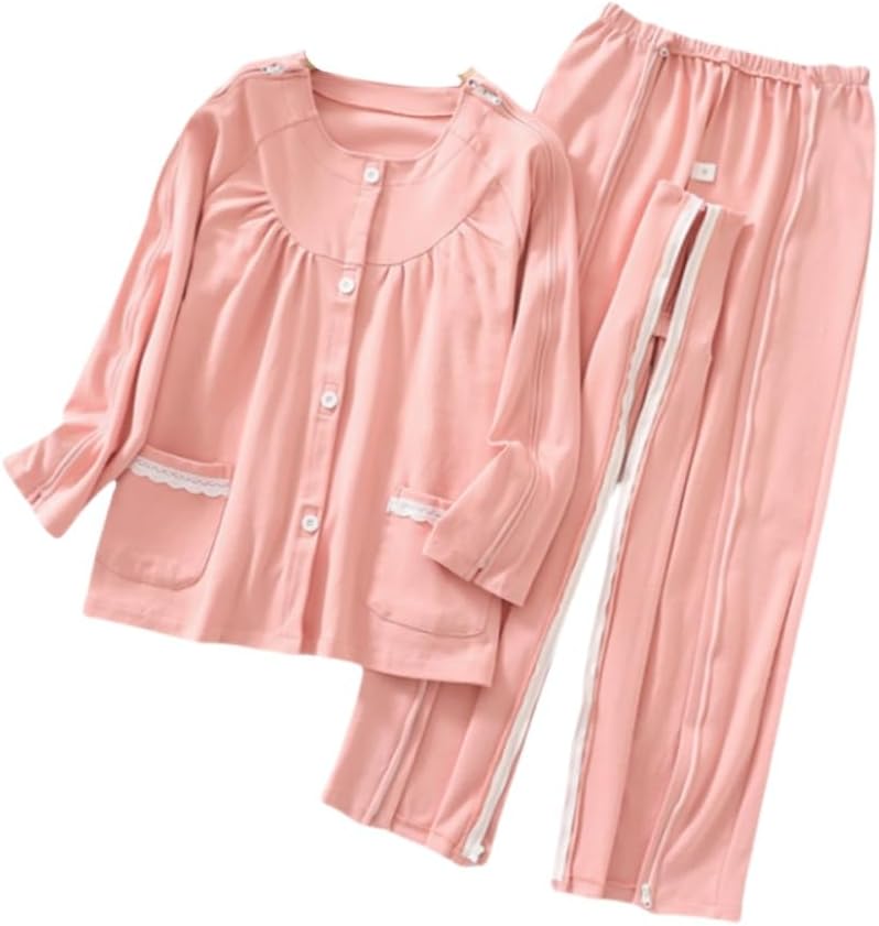 Aylashine Bedridden Patient Clothing,Tear Away Suit, Fully Open Adaptive Chemo Clothing,Four Seasons,For Women Pink (M)