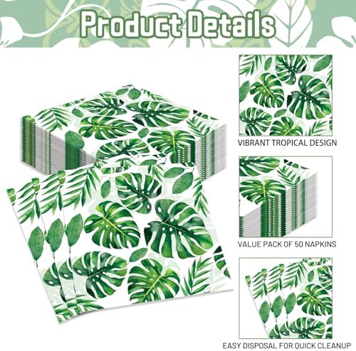 Pack of 50, Tropical Jungle Leaf Napkins, Green Monstera Palm Leaf Design Disposable Paper Napkins for Hawaiian Luau Party, Safari Birthday, Beach Wedding, Summer Party Supplies, 13x13 Inches Unfolded